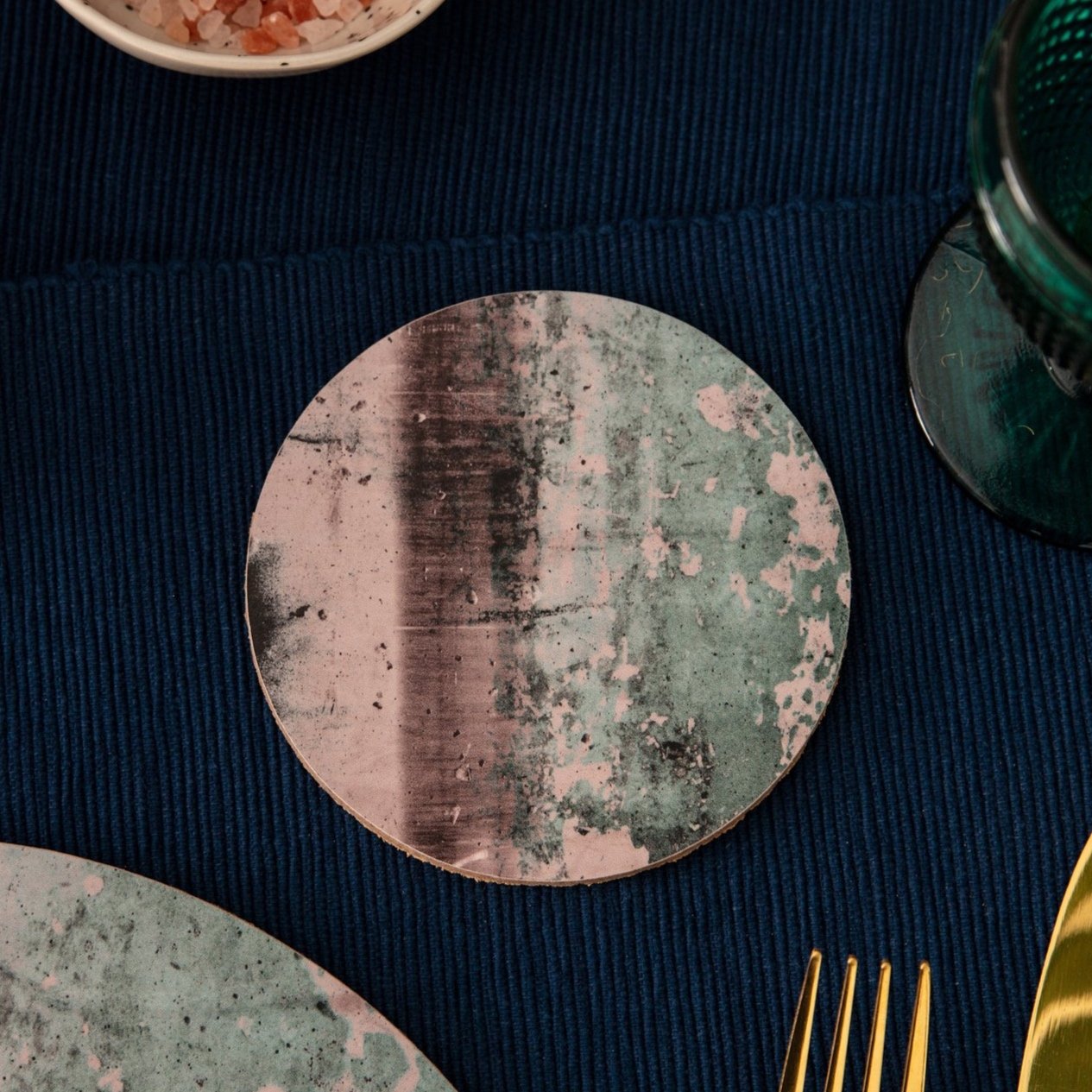 Dusky pink and jade green, round coaster, 'Goddess Emerald Bay'