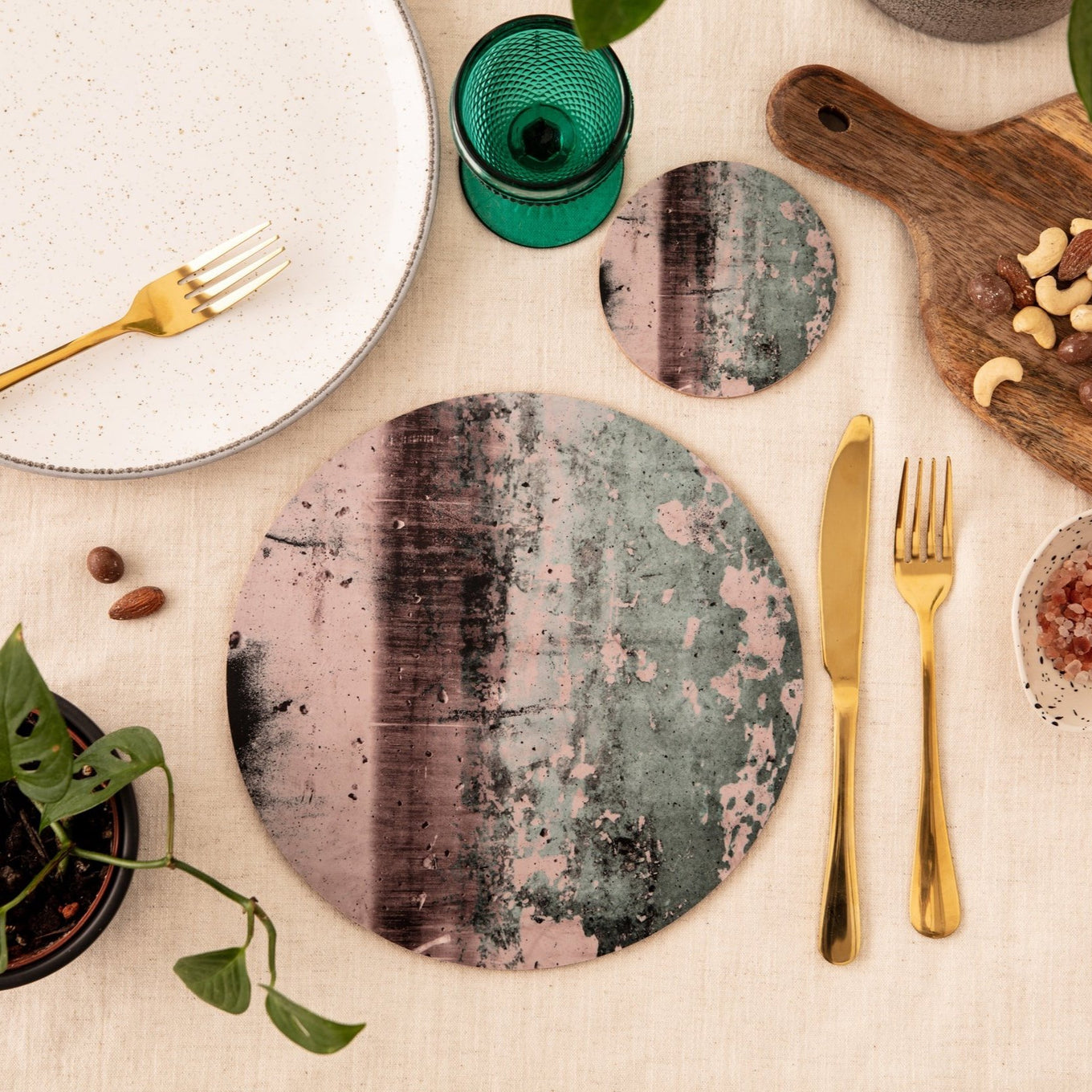 Set of Four Dusky pink and jade green, round placemats, 'Goddess Emerald Bay'