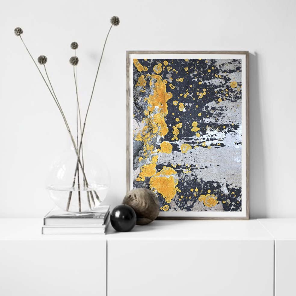 Yellow Ochre and Dark Charcoal Abstract, wall art print - 'Nomad Splash'