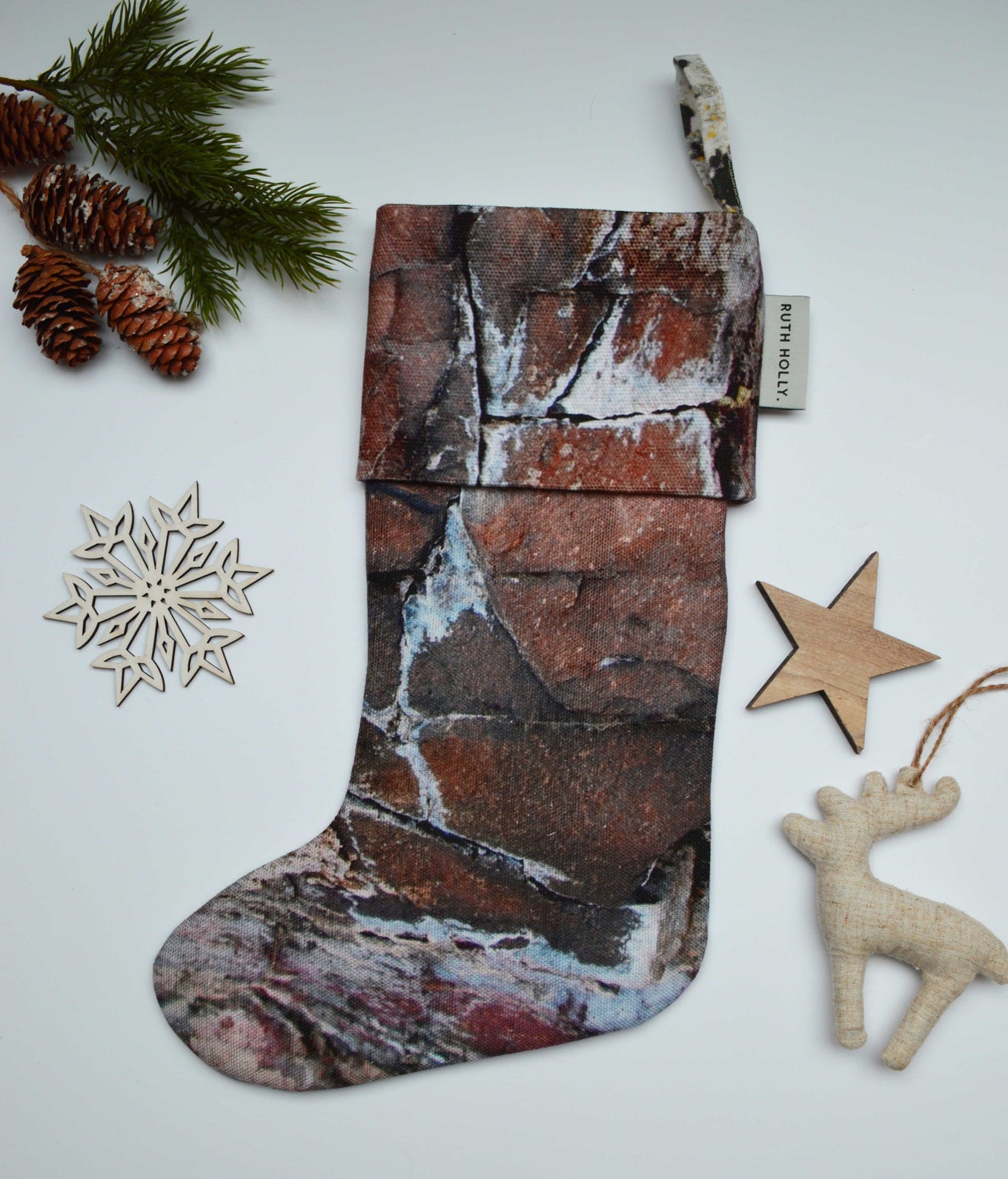 Earthy texture, handmade linen Christmas Stocking