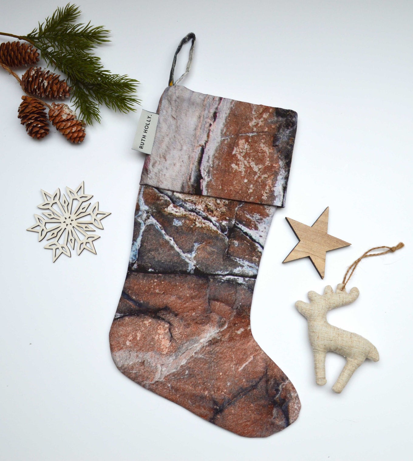 Earth red, linen texture, handmade Christmas stocking