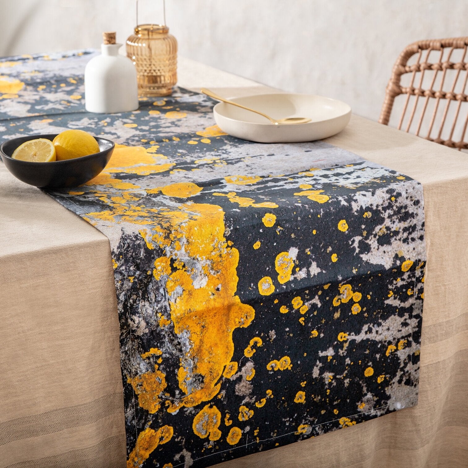 T&H XHome Linen Burlap Table Runner – Abstract Grey Yellow Pattern, 108" Long, Washable Farmhouse Decor For Dining Table, Wedding