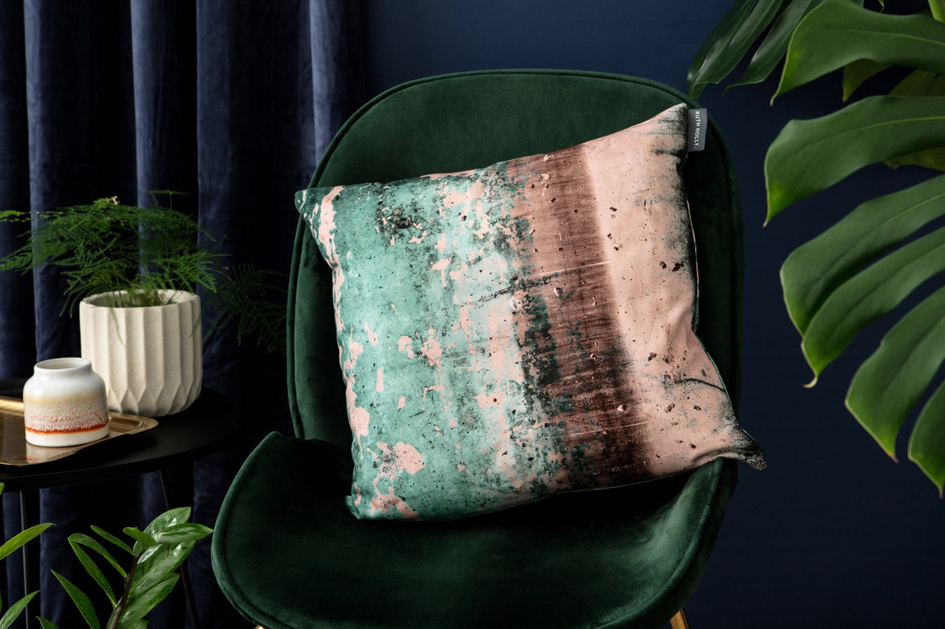 Dusky pink and jade green, cushion cover, 'Goddess Emerald Bay'