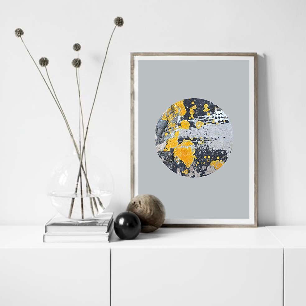 Soft Grey and Yellow Ochre abstract wall art print - 'Nomad Splash Eclipse'