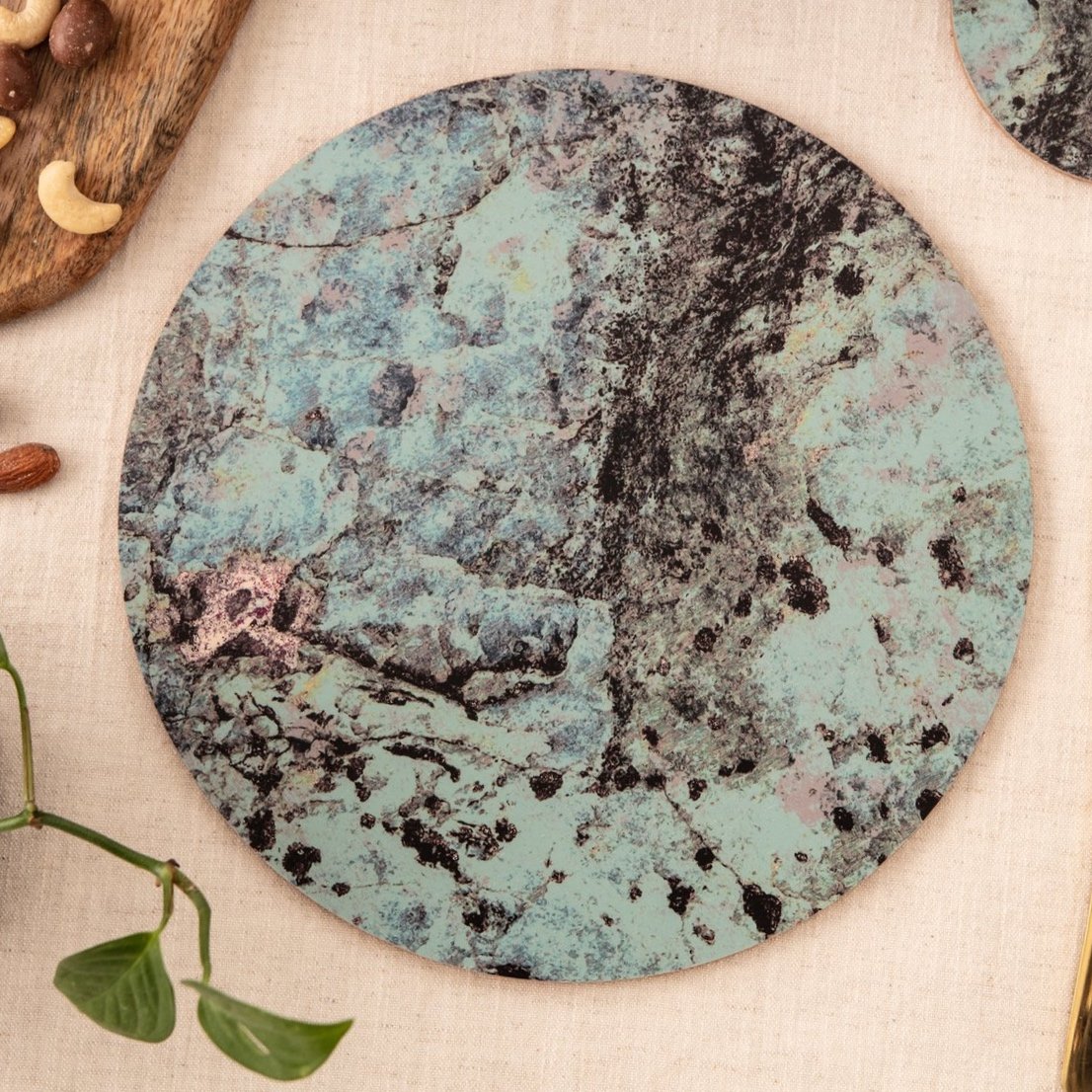 Set of Four Round Green teal Placemats, 'Goddess Lagoon'