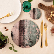 Set of Four Dusky pink and jade green, round placemats, 'Goddess Emerald Bay'