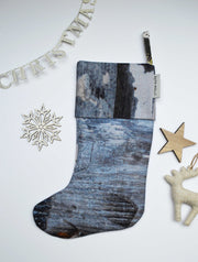 Blue and grey linen, handmade Christmas stocking
