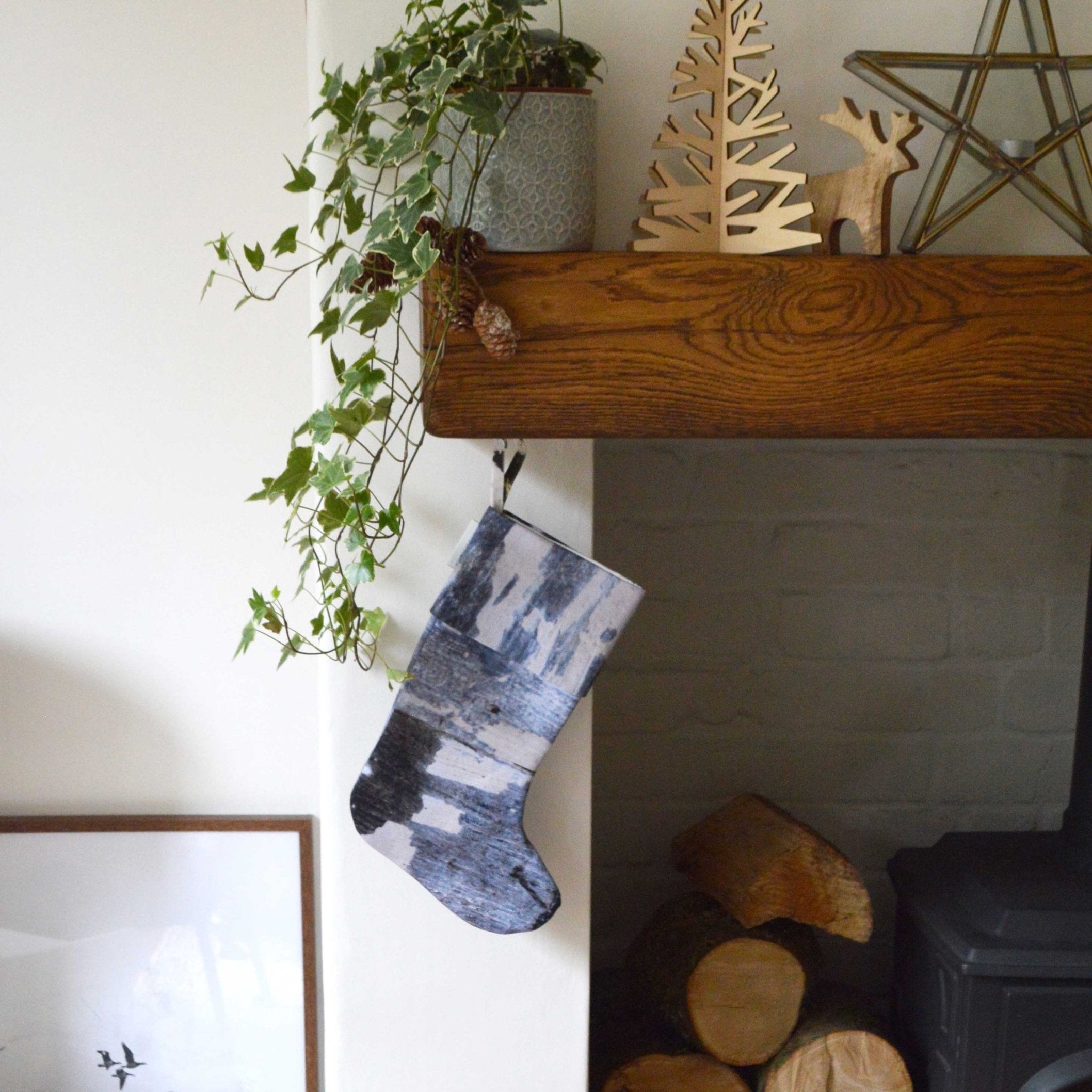 Blue and grey linen, handmade Christmas stocking