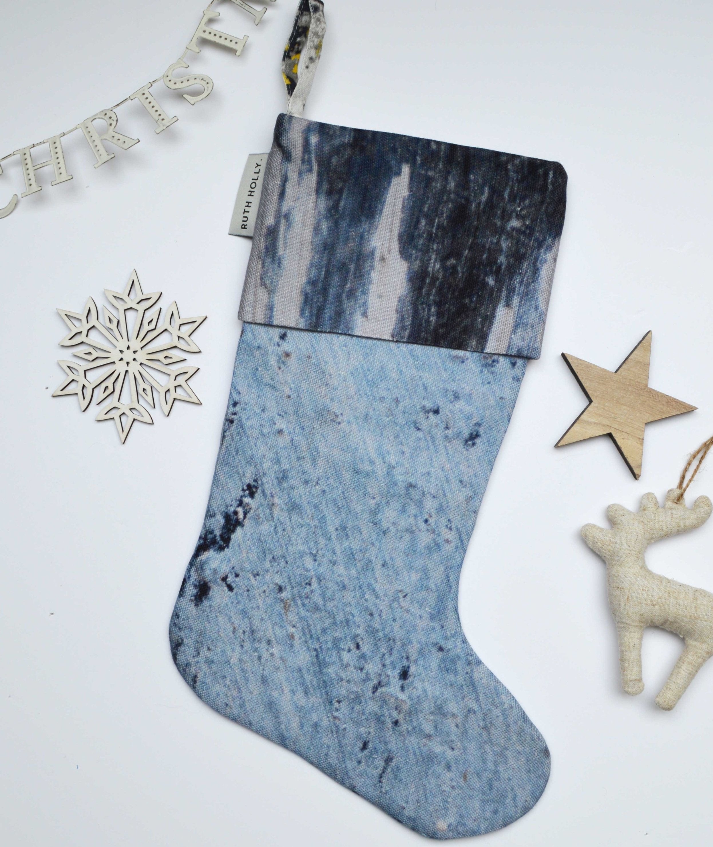 Sky blue linen texture, handmade Christmas stocking