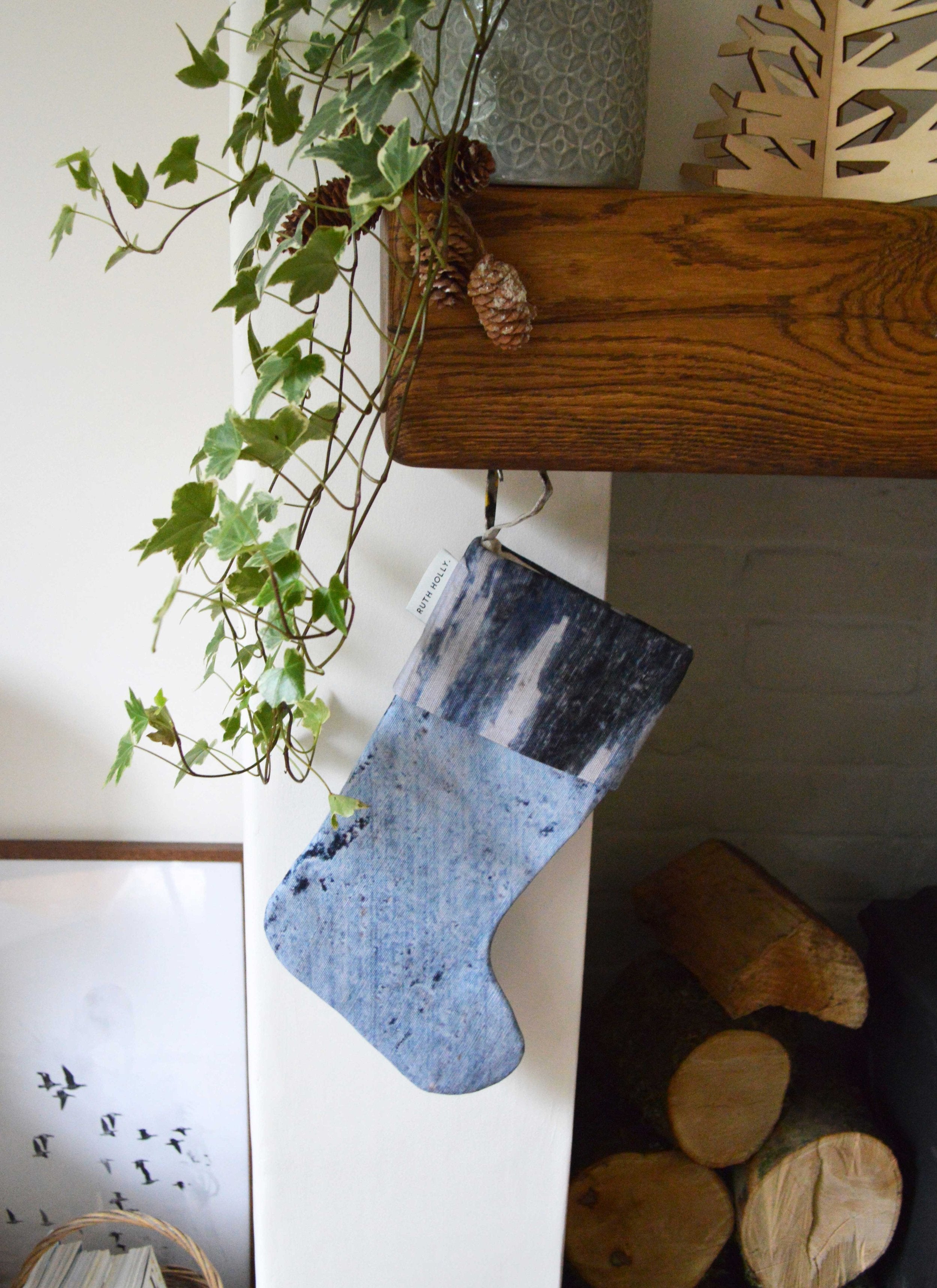 Sky blue linen texture, handmade Christmas stocking