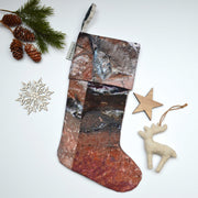 Warm pink, red and grey linen textured, handmade Christmas stocking