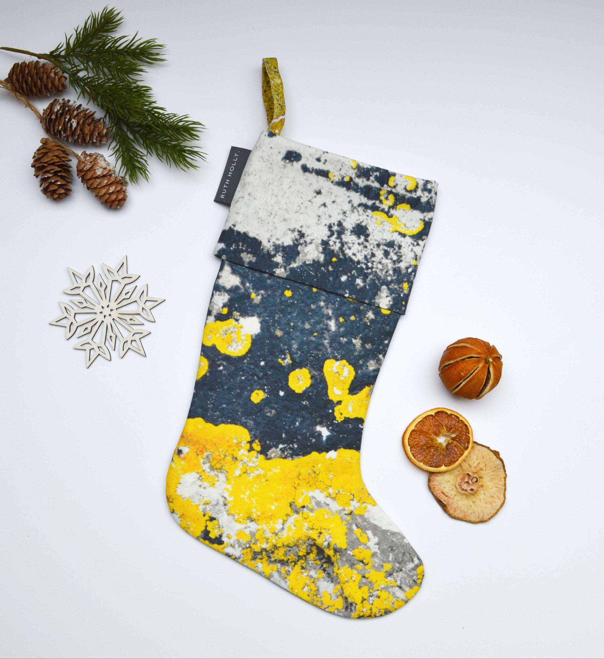 Charcoal Grey and Yellow patterned, handmade Christmas stocking