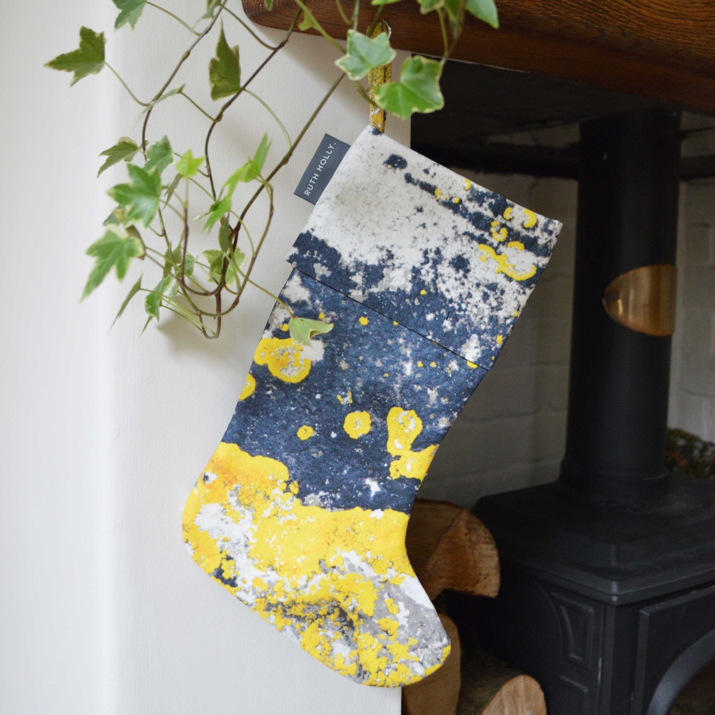 Charcoal Grey and Yellow patterned, handmade Christmas stocking