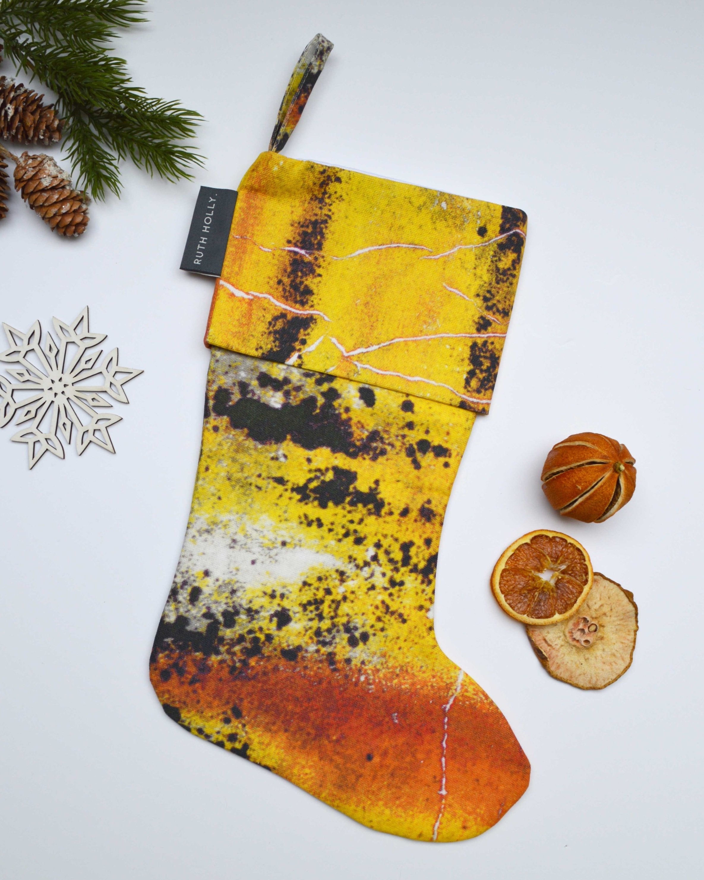 Yellow ochre abstract patterned, handmade Christmas stocking