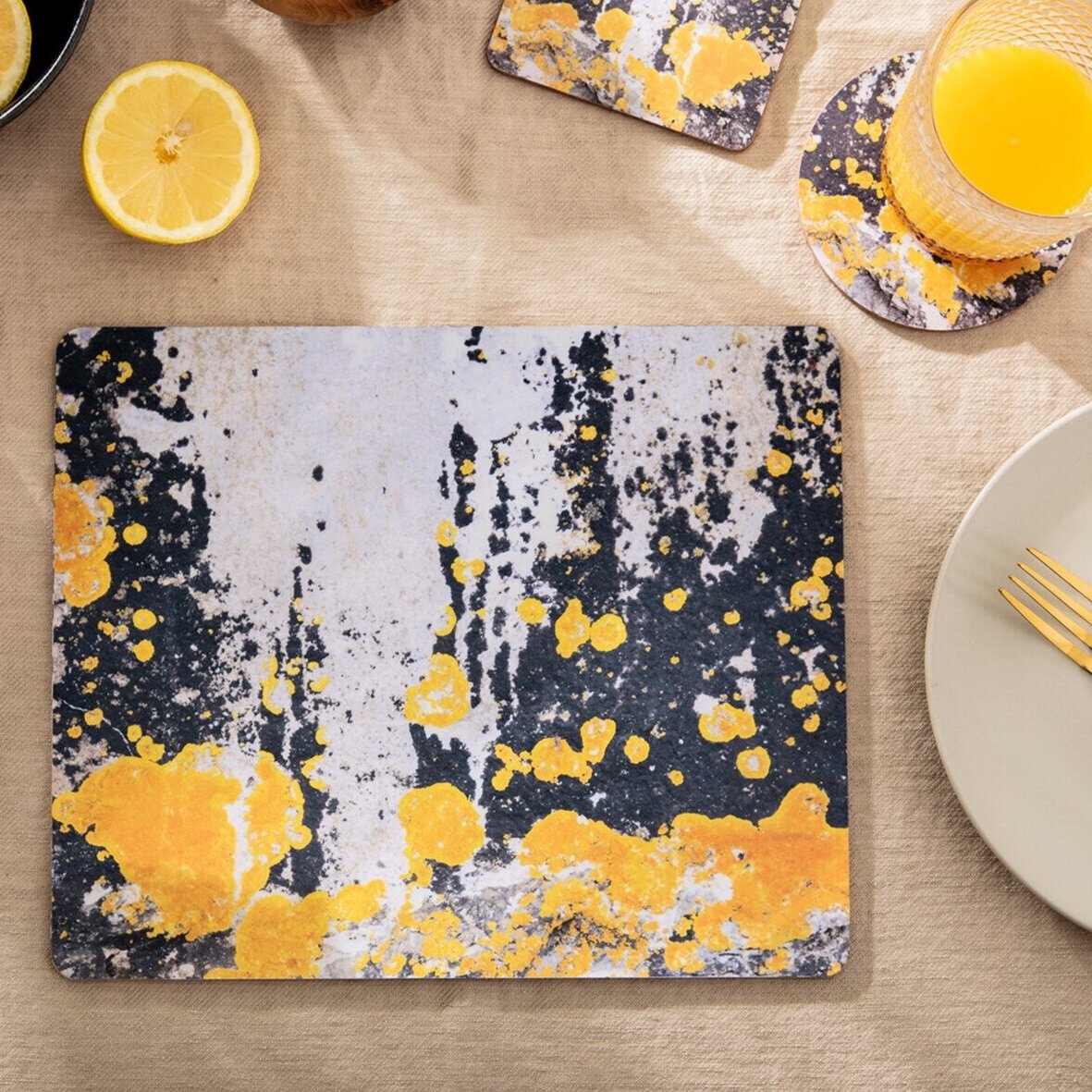 The Nomad Splash Rectangle Placemat, Set of Four, Charcoal Grey and Yellow