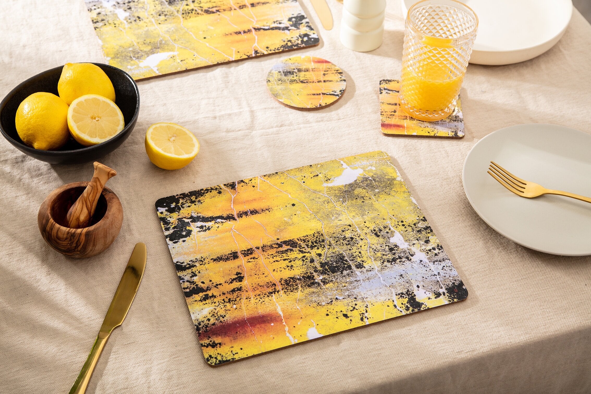 Set of Four, Baked Yellow Ochre Mix, Rectangle Placemats - 'Nomad Texture'