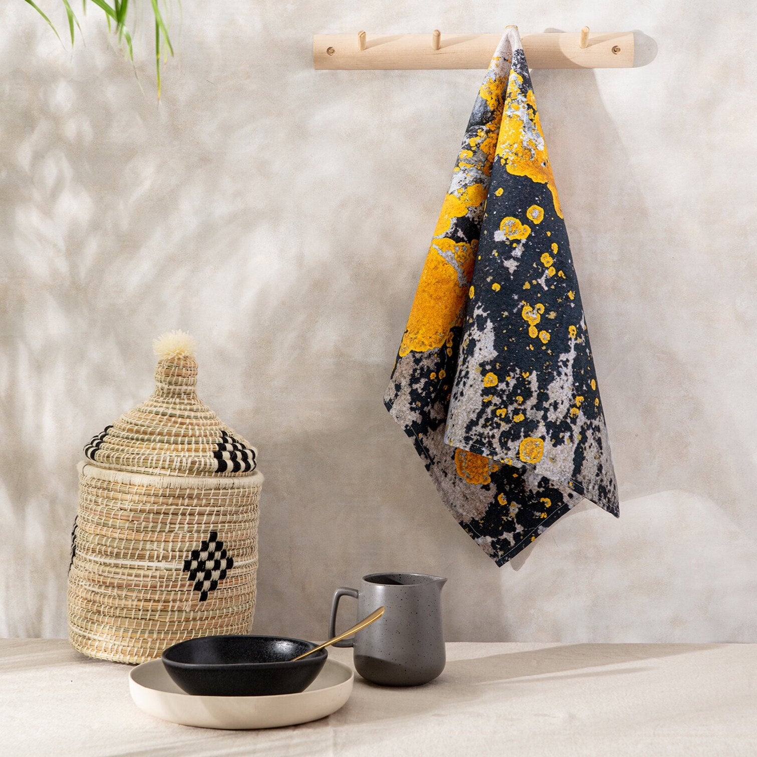 The Nomad Splash Cotton Tea towel, Charcoal Grey and Yellow