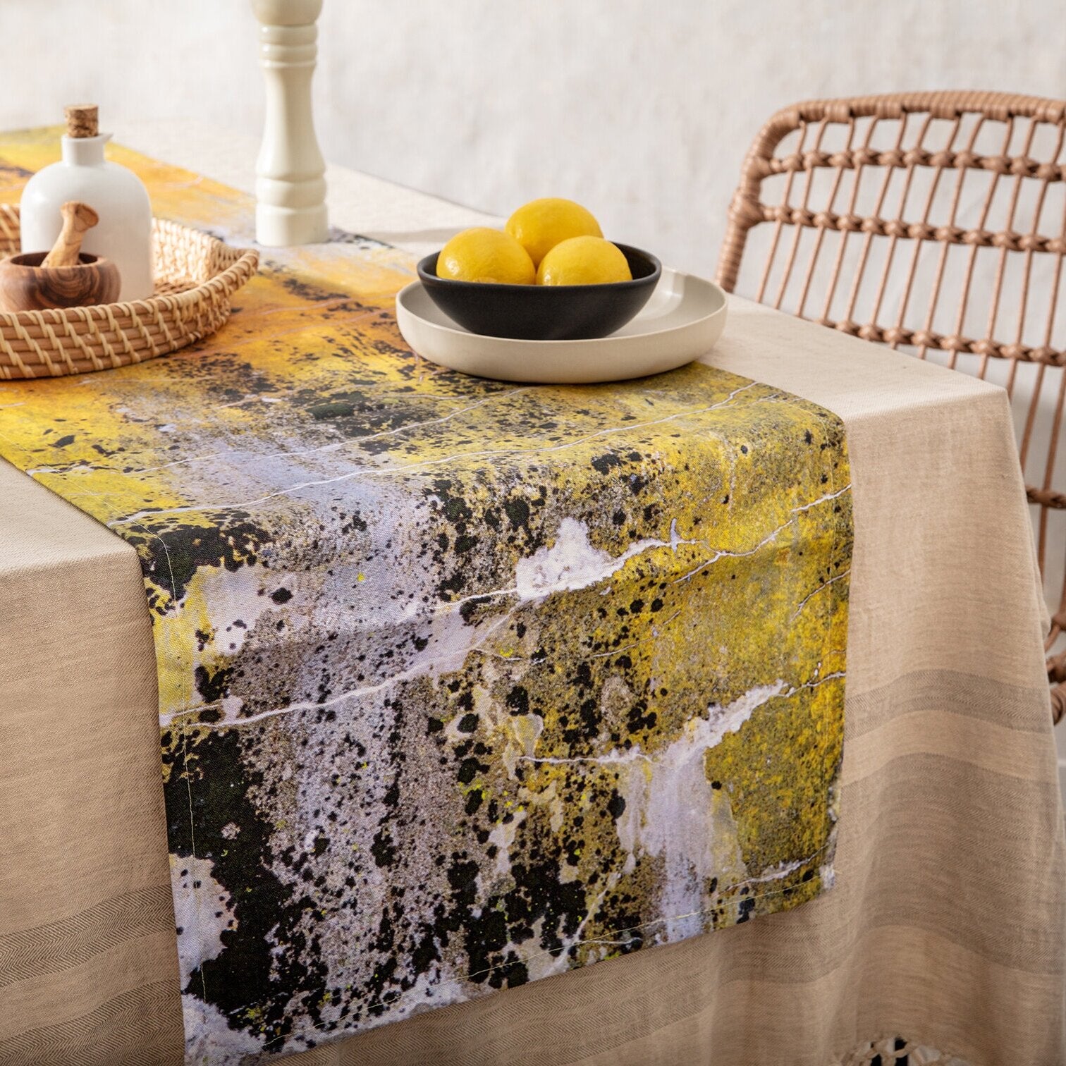 Yellow Ochre and Charcoal Grey Pattern Table Runner - 'Nomad Texture'