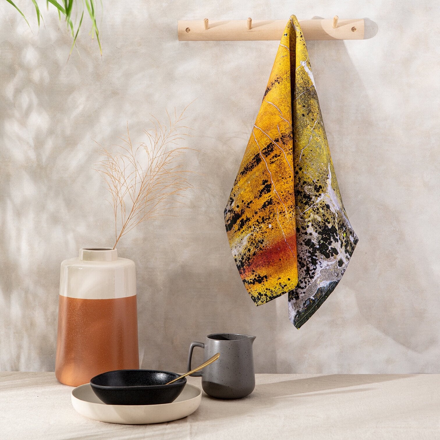 Yellow Ochre and Charcoal Grey Pattern Cotton Tea towel - 'Nomad Texture'