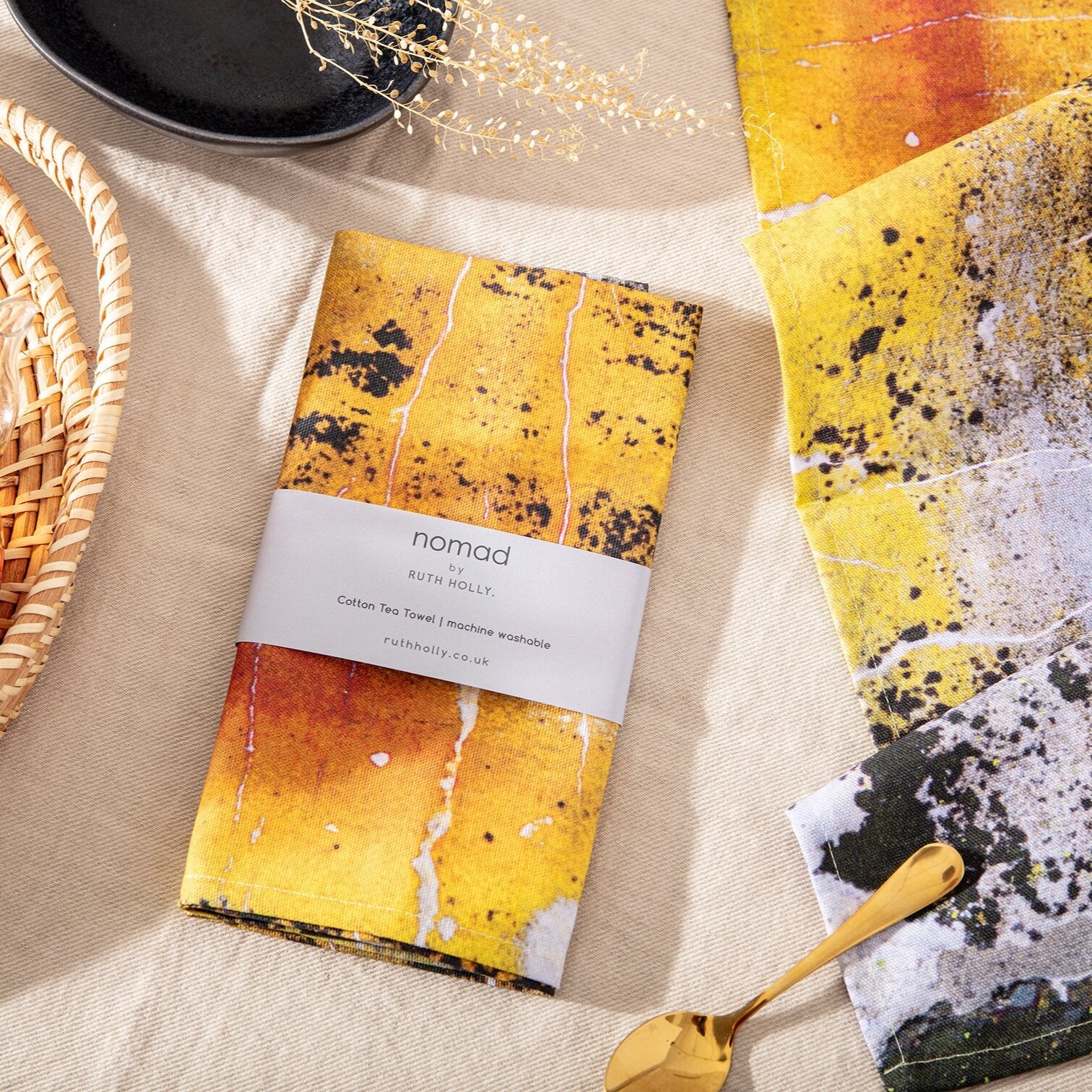 Yellow Ochre and Charcoal Grey Pattern Cotton Tea towel - 'Nomad Texture'