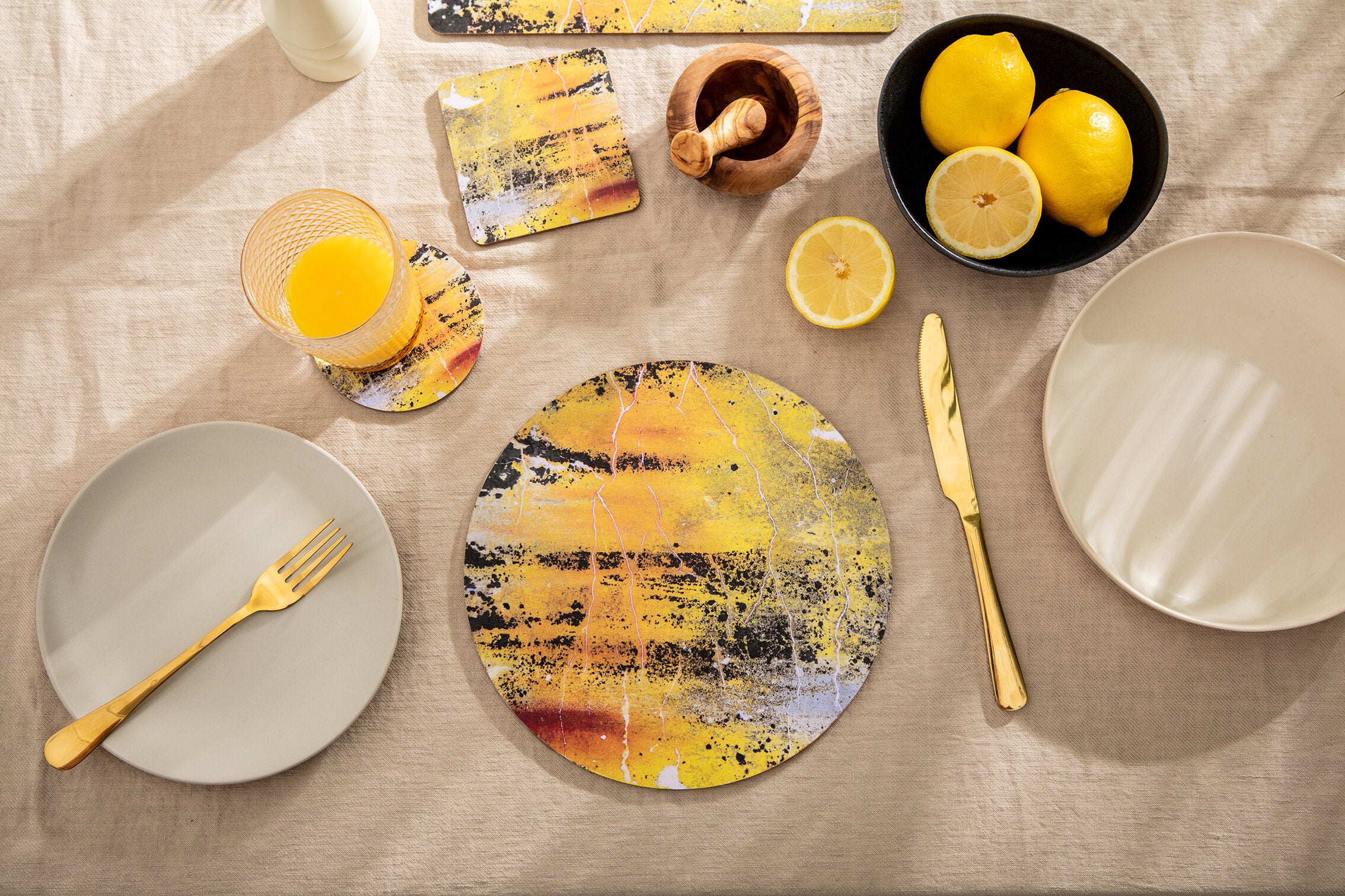 Set of Four, Baked Yellow Ochre Mix, Round Placemats - 'Nomad Texture'