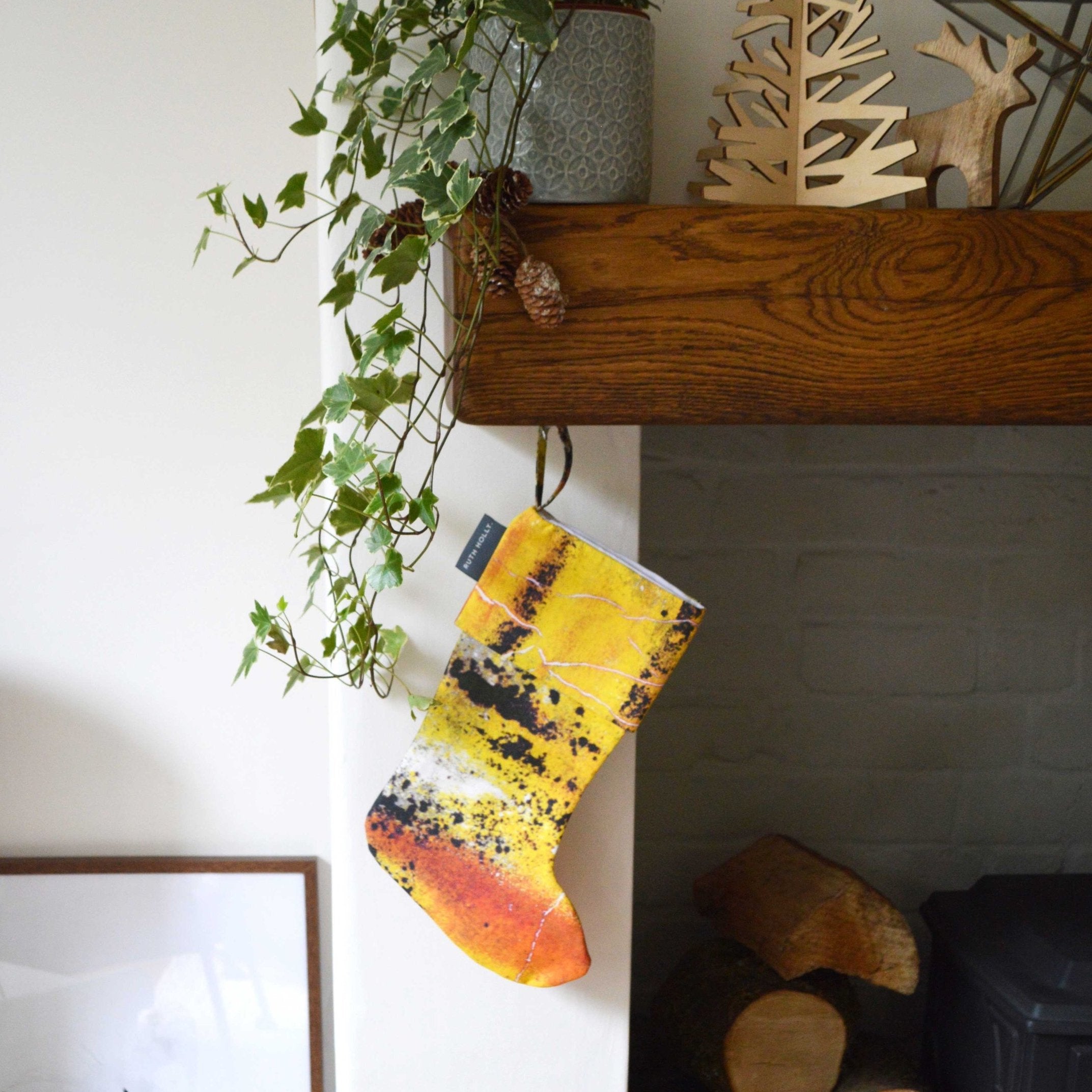 Yellow ochre abstract patterned, handmade Christmas stocking