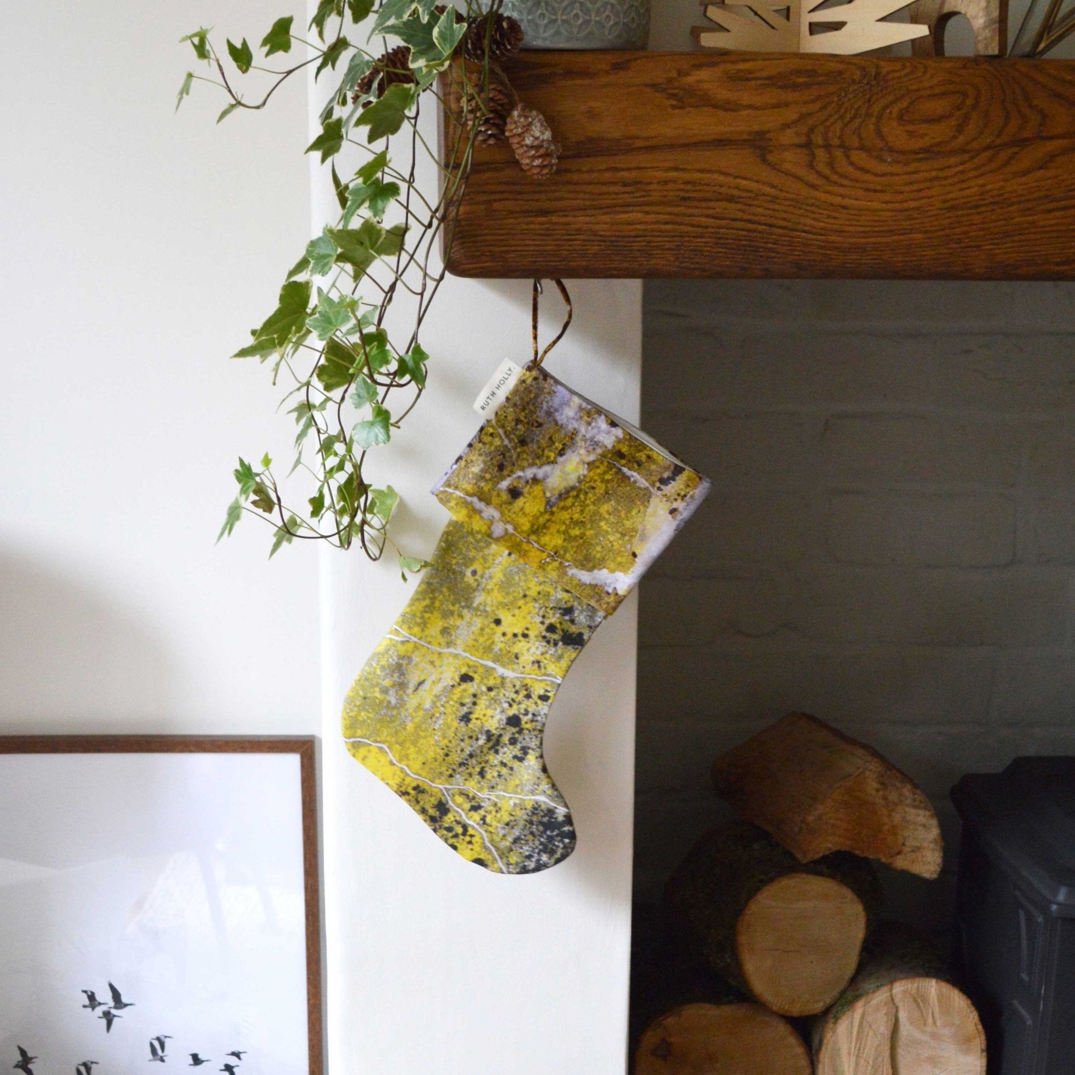 Yellow and Grey texture, patterned handmade Christmas stocking