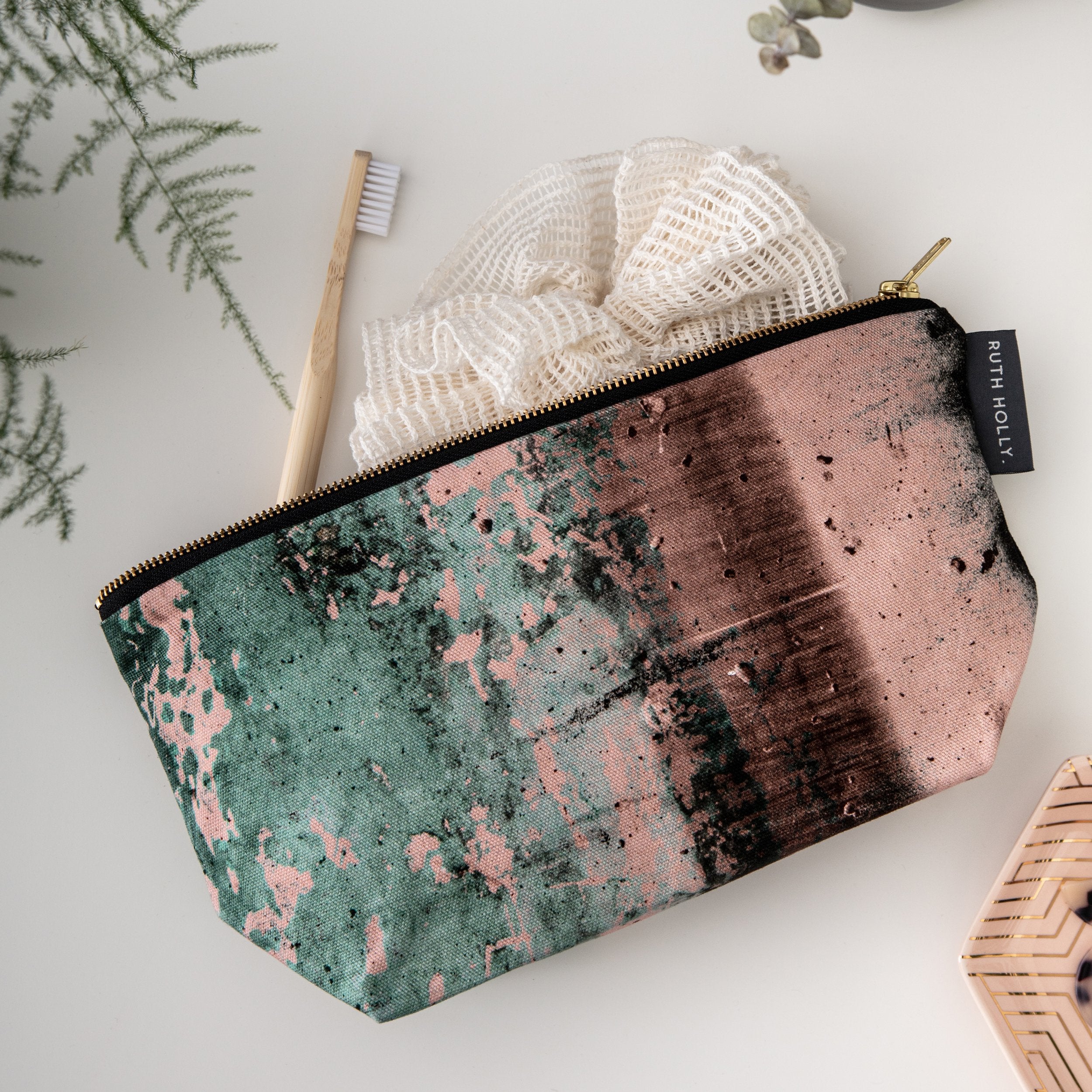 The Goddess Emerald Bay Make Up Wash Bag, dusky pink and green