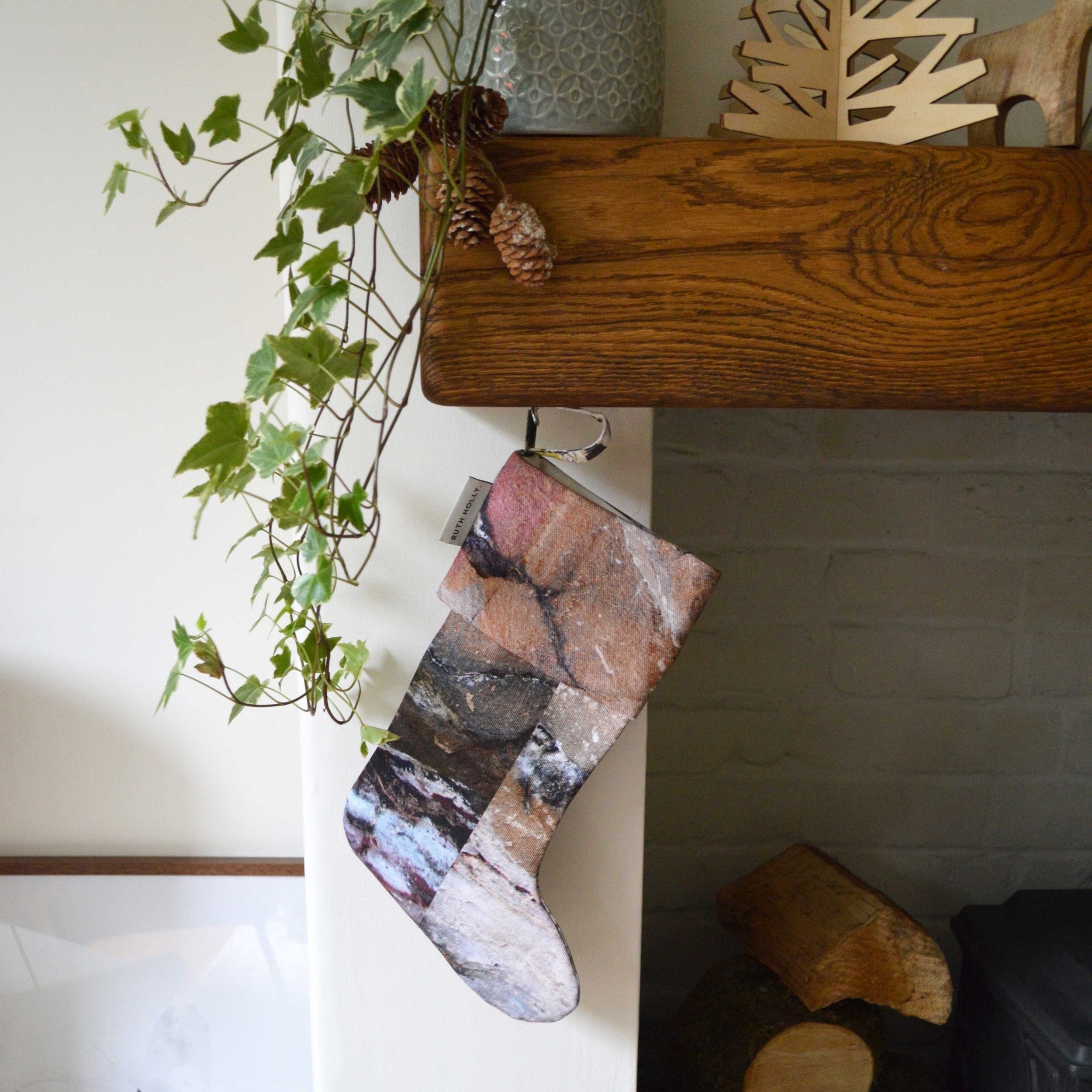 Earthy texture, handmade linen Christmas Stocking